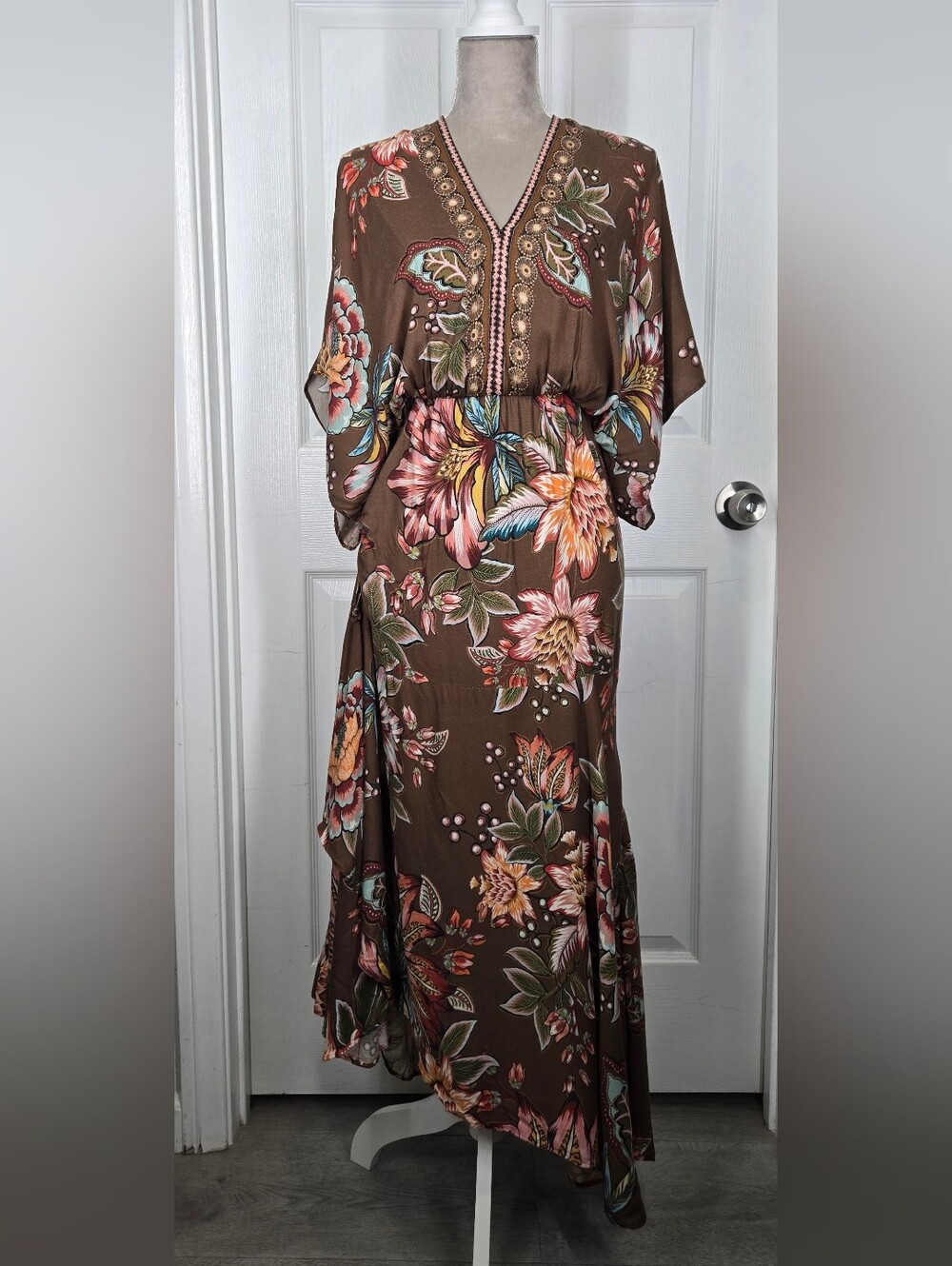 Farm Rio x Anthropologie Valentina Floral Maxi Dress XS Brown Boho Resort - Picture 6 of 17